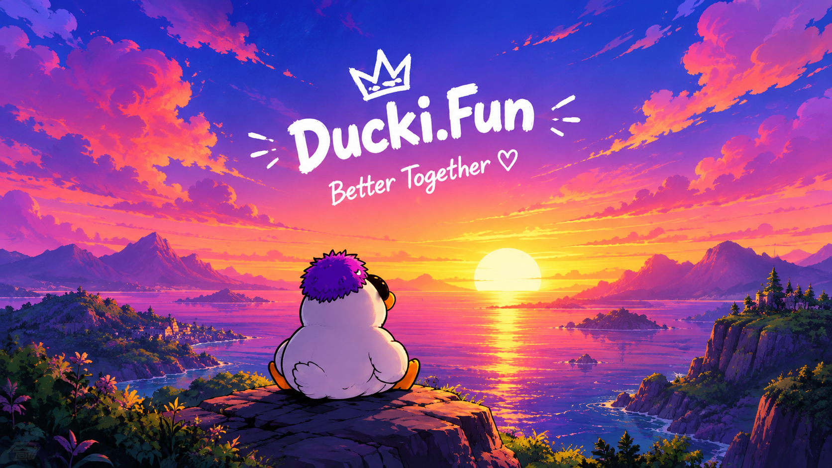Ducki sits on a rocky shore watching a vivid sunset over the water. The artwork reads Ducki.fun — Better Together.